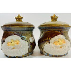 Santa Face Ceramic Bowls Sugar & Powdered Creamer Star Lid "Ho! Ho! Ho!" Design